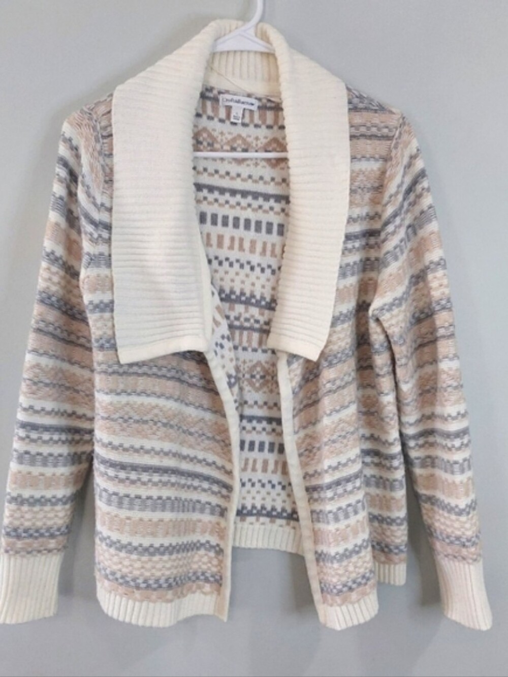 Croft & Barrow Cardigan Sweater Large Stripes Gray Cream Tan Knit Open Front